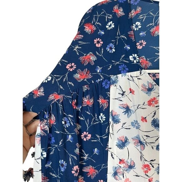 DR2 Top M Blue Floral Boho Western Patchwork Coastal Hippie Peasant Neutral - Picture 4 of 13